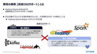 © 2024 NTT DATA Group Corporation 4
普段の業務 [高度OSSサポート] とは
⚫ Hadoop/Spark/Kafkaなどの
高難易度なプロダクトのサポートを提供
⚫ OSS活動やプロジェクト支援を実施するとともに、中長期的なサポートを提供している
⚫ Hadoop/Spark/Bigtop などのコミッタも在籍
高度OSSサポート
• ミドルウェア等をソースコードレベルで理解/調査
できる実力があるからこそ課題が解決できる
• 技術の方向性にも影響を持つ
• 世の中では提供仕切れていない「長期サポート」「高度サ
ポート」を提供しているケースもある
• 10年間安心して使える、なども支えている
高い技術力
安心・安全の実績
 