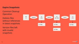 Expire Snapshots
Common Cleanup
Operation
Deletes files
without references
in latest snapshots
Version files left
with invalid
snapshots
V0
()
V1
(S1)
Append
V2
(S1, S2)
V3
(S2)
Append Expire
S1 Files S2 Files
S2 Files
S2 Files
 