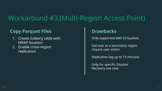 1. Create Iceberg table with
MRAP location
2. Enable cross-region
replication
Only supported AWS S3 buckets
Fail-over to a secondary region
require user action
Replication lag up to 15 minutes
Only for specific Disaster
Recovery use case
6
Copy Parquet Files Drawbacks
Workaround #3 (Multi-Region Access Point)
 