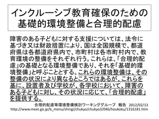 インクルーシブ教育確保のための
基礎的環境整備と合理的配慮
障害のある子どもに対する支援については、法令に
基づき又は財政措置により、国は全国規模で、都道
府県は各都道府県内で、市町村は各市町村内で、教
育環境の整備をそれぞれ行う。これらは、「合理的配
慮」の基礎となる環境整備であり、それを「基礎的環
境整備」と呼ぶこととする。これらの環境整備は、その
整備の状況により異なるところではあるが、これらを
基に、設置者及び学校が、各学校において、障害の
ある子どもに対し、その状況に応じて、「合理的配慮」
を提供する。
合理的配慮等環境整備検討ワーキンググループ 報告 2012/02/13
http://www.mext.go.jp/b_menu/shingi/chukyo/chukyo3/046/houkoku/1316181.htm
 