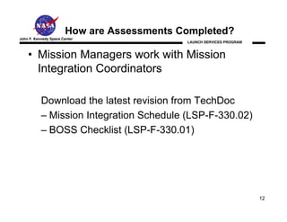 How are Assessments Completed?
John F. Kennedy Space Center
                                            LAUNCH SERVICES PROGRAM



    • Mission Managers work with Mission
      Integration Coordinators

           Download the latest revision from TechDoc
           – Mission Integration Schedule (LSP-F-330.02)
           – BOSS Checklist (LSP-F-330.01)




                                                                      12
 