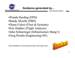Guidance generated by…
John F. Kennedy Space Center
                                                        LAUNCH SERVICES PROGRAM




      •Wanda Harding (FPO)
      •Randy Mizelle (PBO)
      •Diana Calero (Fleet & Systems)
      •Eric Haddox (Flight Analysis)
      •Julie Schneringer (Infrastructure Mang’t)
      •Greg Peralta (Engineering-NE)


      Team Members reviewed document with supervisor.


                                                                                  4
 
