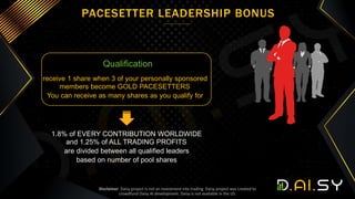 Qualification
receive 1 share when 3 of your personally sponsored
members become GOLD PACESETTERS
You can receive as many ...