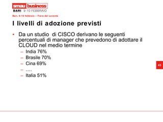 I livelli di adozione previsti  Da un studio  di CISCO derivano le seguenti percentuali di manager che prevedono di adottare il CLOUD nel medio termine  India 76% Brasile 70% Cina 69% …. Italia 51% 