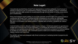 Note Legali:
L'acquisto dei pacchetti Daisy Crowd Fund rappresenta un contributo all'equity crowd fund per lo
sviluppo di ...
