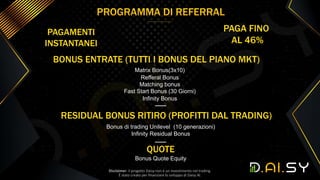 Matrix Bonus(3x10)
Refferal Bonus
Matching bonus
Fast Start Bonus (30 Giorni)
Infinity Bonus
Bonus di trading Unilevel (10...