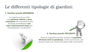 Le differenti tipologie di giardini:
1. Giardino pensile ESTENSIVO
La copertura di un tetto
con spessore ridotto e peso
contenuto che necessita anche
di bassa manodopera con
costi relativamente bassi per
l’installazione e la gestione.
2. Giardino pensile INCLINATO
Tramite il giardino pensile inclinato è possibile
sfruttare tetti in pendenza, anche accentuata, per
portare delle aree verdi al di sopra delle costruzioni.
 