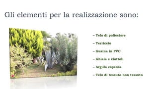 Gli elementi per la realizzazione sono:
– Telo di poliestere
– Terriccio
– Guaina in PVC
– Ghiaia e ciottoli
– Argilla espansa
– Telo di tessuto non tessuto
 