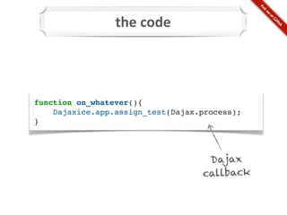 the	
  code




function on_whatever(){
    Dajaxice.app.assign_test(Dajax.process);
}



                                    Dajax
                                   callback
 