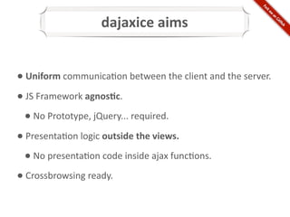 dajaxice	
  aims


•	
  Uniform	
  communica9on	
  between	
  the	
  client	
  and	
  the	
  server.
•	
  JS	
  Framework	
  agnos2c.
  •	
  No	
  Prototype,	
  jQuery...	
  required.
•	
  Presenta9on	
  logic	
  outside	
  the	
  views.
  •	
  No	
  presenta9on	
  code	
  inside	
  ajax	
  func9ons.
•	
  Crossbrowsing	
  ready.
 