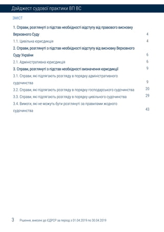 3 Рішення, внесені до ЄДРСР за період з 01.04.2019 по 30.04.2019
Дайджест судової практики ВП ВС
ЗМІСТ
1. Справи, розгляну...