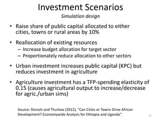 Investment Scenarios
Simulation design
• Raise share of public capital allocated to either
cities, towns or rural areas by 10%
• Reallocation of existing resources
– Increase budget allocation for target sector
– Proportionately reduce allocation to other sectors
• Urban investment increases public capital (KPC) but
reduces investment in agriculture
• Agriculture investment has a TFP-spending elasticity of
0.15 (causes agricultural output to increase/decrease
for agric./urban sims)
Source: Dorosh and Thurlow (2012), “Can Cities or Towns Drive African
Development? Economywide Analysis for Ethiopia and Uganda”. 13
 