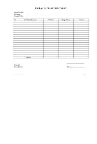 USULAN DAFTAR PEMBAYARAN 
Nama Sekolah : 
Kegiatan : 
Minggu/Bulan : 
No. Untuk Pembayaran Volume Harga Satuan Jumlah 
Jumlah 
........................................... 
Disetujui, 
Ketua Panitia Bidang ............................... 
....................... ( ) 
 