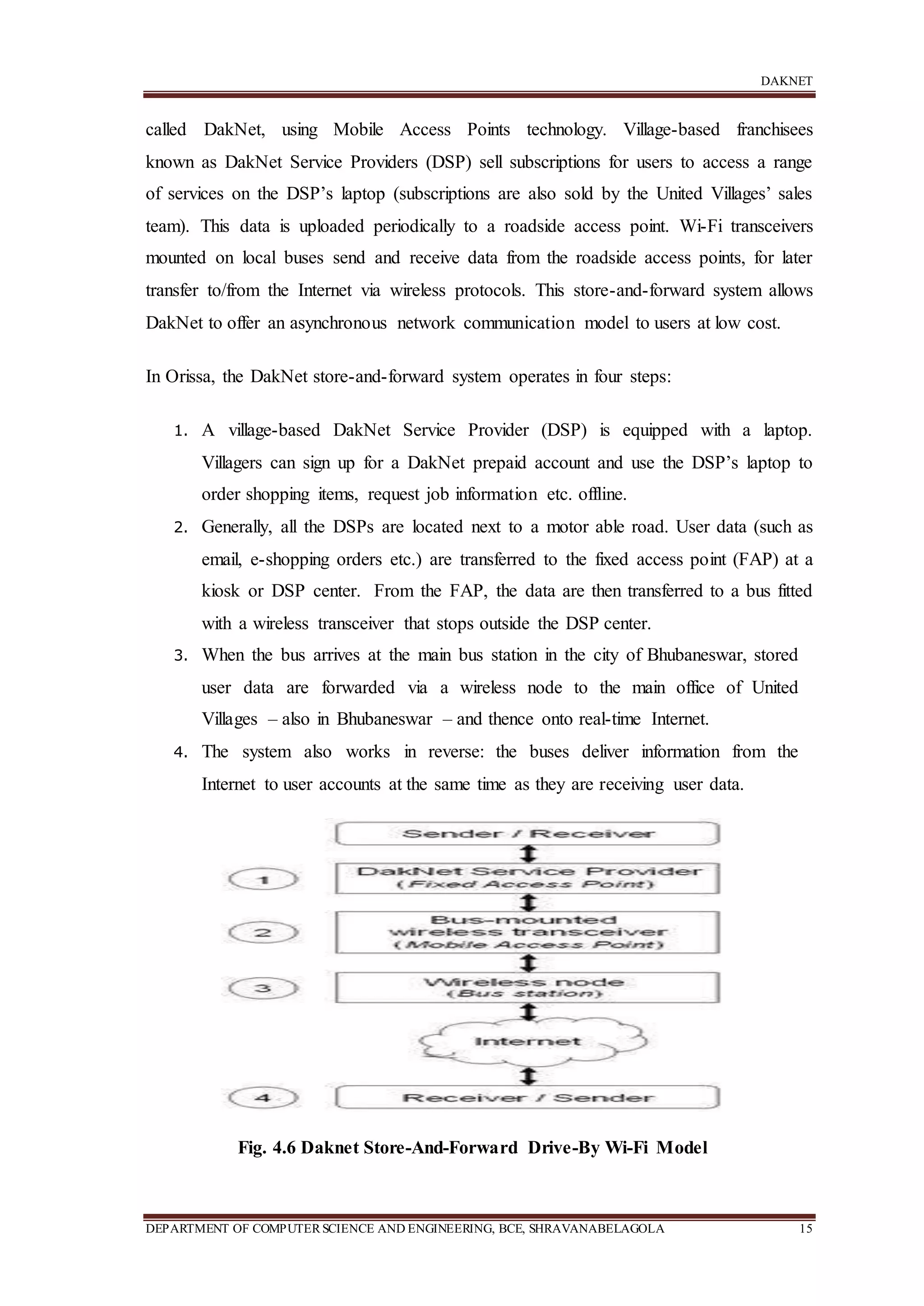 DAKNET
DEPARTMENT OF COMPUTERSCIENCE AND ENGINEERING, BCE, SHRAVANABELAGOLA 15
called DakNet, using Mobile Access Points technology. Village-based franchisees
known as DakNet Service Providers (DSP) sell subscriptions for users to access a range
of services on the DSP’s laptop (subscriptions are also sold by the United Villages’ sales
team). This data is uploaded periodically to a roadside access point. Wi-Fi transceivers
mounted on local buses send and receive data from the roadside access points, for later
transfer to/from the Internet via wireless protocols. This store-and-forward system allows
DakNet to offer an asynchronous network communication model to users at low cost.
In Orissa, the DakNet store-and-forward system operates in four steps:
1. A village-based DakNet Service Provider (DSP) is equipped with a laptop.
Villagers can sign up for a DakNet prepaid account and use the DSP’s laptop to
order shopping items, request job information etc. offline.
2. Generally, all the DSPs are located next to a motor able road. User data (such as
email, e-shopping orders etc.) are transferred to the fixed access point (FAP) at a
kiosk or DSP center. From the FAP, the data are then transferred to a bus fitted
with a wireless transceiver that stops outside the DSP center.
3. When the bus arrives at the main bus station in the city of Bhubaneswar, stored
user data are forwarded via a wireless node to the main office of United
Villages – also in Bhubaneswar – and thence onto real-time Internet.
4. The system also works in reverse: the buses deliver information from the
Internet to user accounts at the same time as they are receiving user data.
Fig. 4.6 Daknet Store-And-Forward Drive-By Wi-Fi Model
 