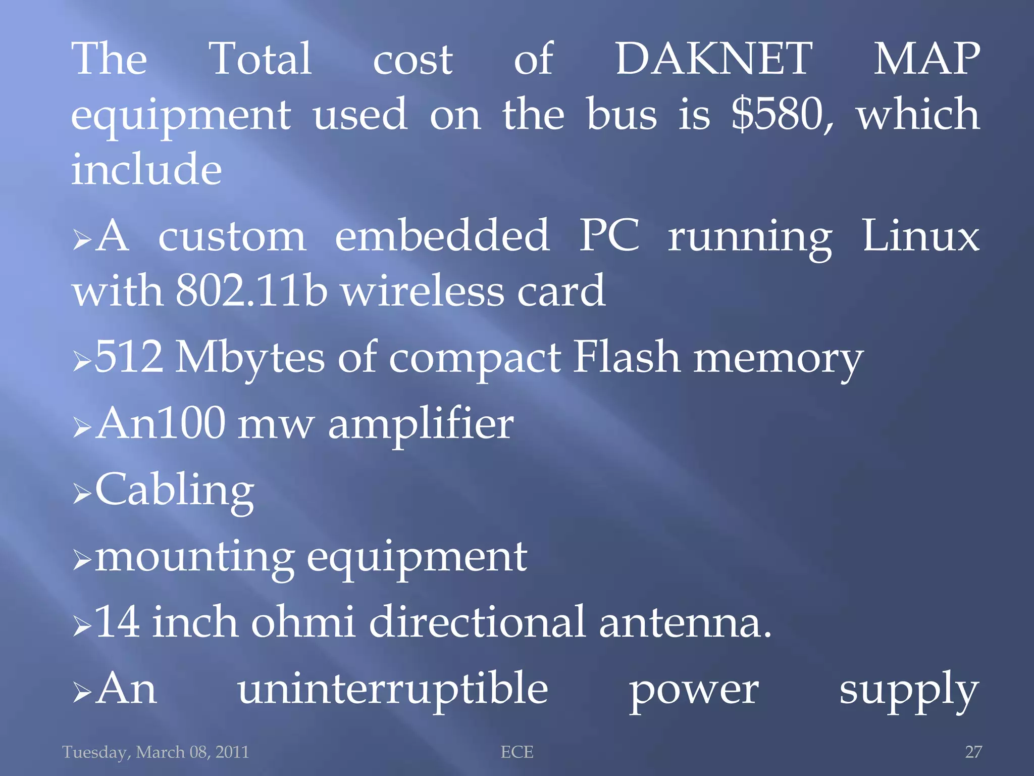 APPLICATION…………Tuesday, March 08, 2011ECE 13INFORMATION DISTRIBUTION/BROADCASTING:This can include community bulletin boards ,transfer  of  education material , public heath ,announcements, news, music and videos broadcasts .INFORMATION COLLECTION :-This can include collection of environment sensor information, voting, census/polling, health records and land records.