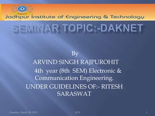 SEMINAR TOPIC:-DAKNET Tuesday, March 08, 2011 ECE  1  By   ARVIND SINGH RAJPUROHIT      4th  year (8th  SEM) Electronic & Communication Engineering. UNDER GUIDELINES OF:- RITESH SARASWAT 
