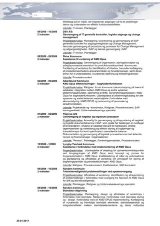 Tina Roed
             CV


                                  tilrettelagt på en måde, der begrænser adgangen ud fra et jobbetinget
                                  behov og understøtter en effektiv funktionsadskillelse.
                                  Jobrolle: IT-revisor, Planlægger
              09/2009 - 10/2009   DSV A/S
              2 måneder           Gennemgang af IT generelle kontroller, logiske adgange og change
                                  management
                                  Projektbeskrivelse: Planlægning, koordinering og gennemgang af SAP
                                  generelle kontroller for adgangsrettigheder og Change Management;
                                  herunder gennemgang af procedure og processer for Change Management
                                  og adgangsrettigheder i SAP og teknisk gennemgang i SAP.
                                  Jobrolle: IT-revisor, Planlægger
              08/2009 - 09/2009   Skive Kommune
              2 måneder           Assistance til vurdering af KMD Opus
                                  Projektbeskrivelse: Gennemgang af organisation, styringskoncepter og
                                  arbejdsprocesdokumentation for produktionsvirksomhed i kommunen.
                                  Facilitering af workshop for identifikation af it-behov, herunder kortlægning
                                  af produktionsenhedens ansvarsområder og hovedprocesser, samt deres
                                  behov for it-understøttelse, nuværende dækning og forbedringsønsker.
                                  Jobrolle: Processkonsulent
              02/2009 - 06/2009   Albertslund Kommune
              5 måneder           KMD Opus effektiviseringer – bogholderifunktionen
                                  Projektbeskrivelse: Rådgiver for en kommune i økonomistyring på tværs af
                                  selskaber, integration mellem KMD Opus og andre systemer,
                                  afstemningsaktiviteter, optimering af drifts- og forretningsprocedure i KMD
                                  Opus for bogholderifunktionen. Udarbejdelse af afstemningskatalog for alle
                                  systemer og støttet ledende medarbejdere i forbindelse med
                                  økonomistyring i KMD OPUS og outsourcing af personale og
                                  lønadministration.
                                  Jobrolle: Projektleder og –koordinator, Rådgiver, Proceskonsulent, SAP
                                  løsningsarkitekt, Uddannelsesleverings specialist
              01/2009 - 02/2009   Papyrus A/S
              2 måneder           Gennemgang af nøgletal og logistiske processer
                                  Projektbeskrivelse: Ansvarlig for gennemgang og afrapportering af nøgletal
                                  og logistik dokumentstrømme i SAP, som opstår før betalingen er modtaget
                                  af leverandøren. Analyse af nøgletal relevant for færdigvare, direkte
                                  lagermaterialer og vareforbrug og effektiv styring af bogføringer og
                                  transaktionspor for konti specificeret i ovenstående balance.
                                  Dokumentation og gennemgang af logistisk processtrømme med ledende
                                  revisor og finansmanager i organisationen.
                                  Jobrolle: ”Revisor”, Planlægger, Forretningsanalytiker, Proceskonsulent
              12/2008 - 1/2009    Lyngby-Taarbæk kommune
              2 måneder           Assistance i forbindelse med implementering af KMD Opus
                                  Projektbeskrivelse: Udarbejdelse af drejebog for opmærksomhedspunkter
                                  ved ibrugtagningen af KMD Opus samt koncept og proces for
                                  brugerautorisation i KMD Opus, kvalitetssikring af roller og autorisationer
                                  og planlægning og afholdelse af workshop om principper for styring af
                                  bogføringsperioder og periodeafslutninger i KMD Opus.
                                  Jobrolle: Rådgiver, Proceskonsulent, Kvalitetssikrer, SAP-konsulent
              09/2008 - 10/2008   Randers kommune
              2 måneder           Tekniskevedligehold problemstillinger ved systemovergang
                                  Projektbeskrivelse: Afholdelse af workshop, identifikation og afrapportering
                                  af problemstillinger i forbindelse med overgang fra Navision til KMD Opus
                                  for drift og tekniskvedligehold.
                                  Jobrolle: Planlægger, Rådgiver og Uddannelsesleverings specialist
              08/2008 - 10/2008   Randers kommune
              3 måneder           Stamdata rådgivning
                                  Projektbeskrivelse: Planlægning, design og afholdelse af workshops i
                                  forbindelse med stamdata. Rådgivning i forbindelse med stamdata styring
                                  og - design i forbindelse med en KMD OPUS implementering. Kortlægning
                                  af nuværende og fremtidige stamdata elementer, stamdataejerskab og
                                  integrationsflader mellem stamdataelementerne og deres indbyrdes




25-01-2011
 