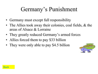 Germany’s Punishment Germany must except full responsibility The Allies took away their colonies, coal fields, & the areas of Alsace & Lorraine They greatly reduced Germany’s armed forces Allies forced them to pay $33 billion They were only able to pay $4.5 billion Back 