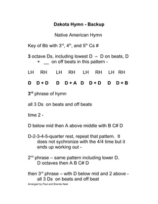 Dakota Hymn - Backup
Native American Hymn
Key of Bb with 3rd, 4th, and 5th Cs #
3 octave Ds, including lowest D – D on beats, D
+ __ on off beats in this pattern LH

RH

LH

D

D+D

D

RH

LH

D+A D

RH
D+D

LH RH
D

D+B

3rd phrase of hymn
all 3 Ds on beats and off beats
time 2 D below mid then A above middle with B C# D
D-2-3-4-5-quarter rest, repeat that pattern. It
does not sychronize with the 4/4 time but it
ends up working out 2nd phrase – same pattern including lower D.
D octaves then A B C# D
then 3rd phrase – with D below mid and 2 above all 3 Ds on beats and off beat
Arranged by Paul and Brenda Neal

 