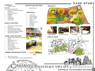 • Reception centre
Craft shop
Seminar hall orientation film
• Gallery for temporary exhibitions
• Restaurant
• Library and archives
• Mandapam
• Canteen
• Craft bazaar
• Amphitheatre
• Activity hall
GENERAL
KERALA SECTION
• Hindu house-trivandrum district
• Cattle shed
• Hindu house-calicut district
• Granary and textile exhibition
• Syrian christian house-puthupally
• Small pavilion padipura
TAMIL NADU SECTION
KARNATAKA SECTION
• Weavers houses
ANDHRA PRADESH SECTION
• Ikkat weavers house
• Coastal Andhra thatch house;cattle shed and grananry
AMENITIES
• Guest house
• Artisans quarters
• Lathe workshop
• Driver’s shed
• Parking
• Gallery and stores
• Restaurant
• Craft shop
• Tea shop
• Merchant house chettinadu , putukotai
district
• Agriculturists house
• Potters house
• Basket weavers house
• Ayyanar shrine
• Weavers house
• Textile exhibition
• Agraharam brahmin house
• Art exhibition
GUEST HOUSE
KERALA HOUSES
ANDHRA
HOUSES
KARNATAKA
HOUSES
TAMIL
NADU
HOUSES
OAT ENTRANCE
PLAZA
SITE PLAN
OAT
LIBRARY
Kerala
section
Tamil Nadu
section
Karnataka
section Andhra Pradesh
section
ENTRANCE PLAZAGUEST HOUSE TEA SHOP MANDAPAM
CIRCULATION
2
 