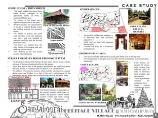 HINDU HOUSE - TRIVANDRUM
• This small, middle-class house from
South Kerala, belonged to an
agricultural family of Nairs, a
matrilineal Hindu caste.
• The kitchen to this house was a
separate structure next to the house.
• Wooden structure was representative
of houses in southern Kerala, where
the building material was primarily
timber..
• The manner of joinery and wood
used (jackfruit wood and palmyra)
was used and was standard in
southern Kerala for both the rich and
the middle class.
• This house was isolated from the
other houses with gardens and cow
shed was present outside .
• Thus ,brining in the feel kerala
country side in planning
VIEW OF THE HINDU HOUSE
SYRIAN CHRISTIAN HOUSE FROM KOTTAYAM
• The distinctive feature of the Syrian Christian house was its layout, with the
entrance of the house leading directly into the granary.
• Prayer area was in front of the granary, identified by the small cross above
the door, and not in a separate room for prayers as in a Hindu house.
• The addition of a masonry structure, which includes a living room, separate
dining room and kitchen, is a sign of the early westernisation of the
community and the social trend of entertaining guests in the family home
ELEVATION
KERALA STYLE ROOF
COLONIAL
STYLE
The British influence is noticeable in
the arched veranda which came to
replace the graceful curved slatted
wooden screens and inside seating
which were characteristic of
earlier veranda's.
OTHER SPACES
CHILDREN’S PLAY AREA:
• This area were lined with tall trees giving good shade even in the day time
• The maintenance of this park area was poor and the installations were not properly
maintained.
PAVILION AND
KALYANA
MANDAPA
• The pavilion and kalyana mandapa is
in chettinadu style with restaurant
adjacent to it .
• Gable roof are used with mugappu
(kerala style)
• Columns and doors are of traditional
chettinad style
CRAFT BAZAAR:
• Craft bazaars are
present for various
artist coming from
different parts of
india to showcase
their products and
earn income
• This is a permanent
structure for
temporary artists
• Stone carving
workshop is found
adjacent
to the craft
bazaar
STONE CARVING WORKSHOP
8
 
