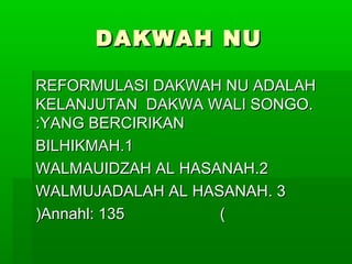 DAKWAH NUDAKWAH NU
REFORMULASI DAKWAH NU ADALAHREFORMULASI DAKWAH NU ADALAH
KELANJUTAN DAKWA WALI SONGO.KELANJUTAN DAKWA WALI SONGO.
YANG BERCIRIKANYANG BERCIRIKAN::
11..BILHIKMAHBILHIKMAH
22..WALMAUIDZAH AL HASANAHWALMAUIDZAH AL HASANAH
33..WALMUJADALAH AL HASANAHWALMUJADALAH AL HASANAH
))Annahl: 135Annahl: 135((
 