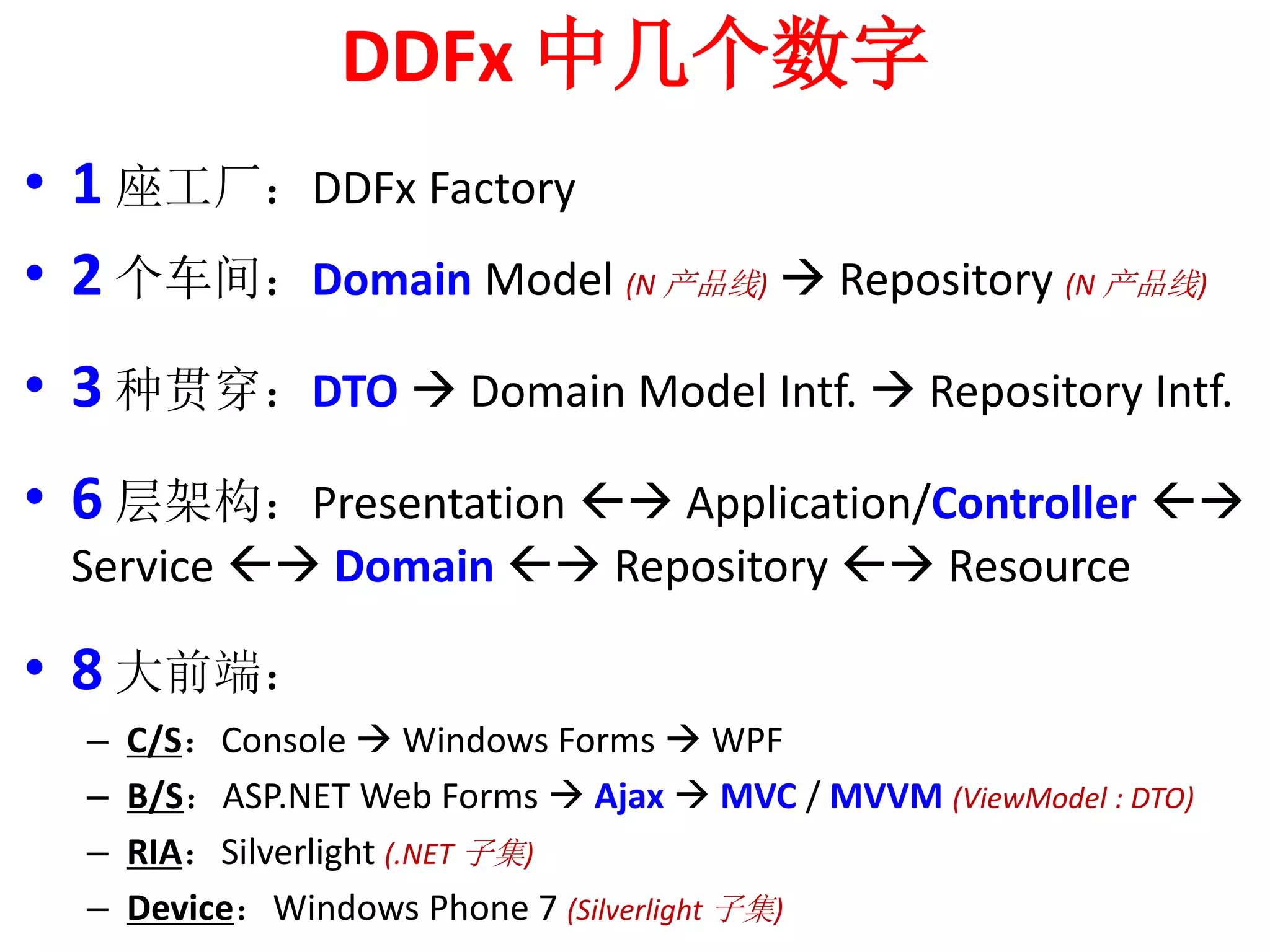DDFx 中几个数字 
• 1 座工厂：DDFx Factory 
• 2 个车间：Domain Model (N 产品线) 
 Repository (N 产品线) 
• 3 种贯穿：DTO  Domain Model Intf.  Repository Intf. 
• 6 层架构：Presentation  Application/Controller  
Service  Domain  Repository  Resource 
• 8 大前端： 
– C/S：Console  Windows Forms  WPF 
– B/S：ASP.NET Web Forms  Ajax  MVC / MVVM (ViewModel : DTO) 
– RIA：Silverlight (.NET 子集) 
– Device：Windows Phone 7 (Silverlight 子集) 
 