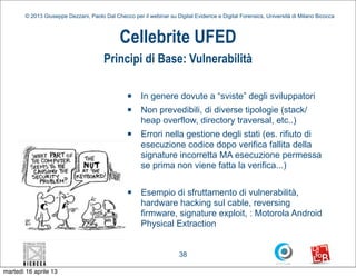 © 2013 Giuseppe Dezzani, Paolo Dal Checco per il webinar su Digital Evidence e Digital Forensics, Università di Milano Bicocca



                                              Cellebrite UFED
                                        Principi di Base: Vulnerabilità

                                                 n    In genere dovute a “sviste” degli sviluppatori
                                                 n    Non prevedibili, di diverse tipologie (stack/
                                                       heap overflow, directory traversal, etc..)
                                                 n    Errori nella gestione degli stati (es. rifiuto di
                                                       esecuzione codice dopo verifica fallita della
                                                       signature incorretta MA esecuzione permessa
                                                       se prima non viene fatta la verifica...)

                                                 n    Esempio di sfruttamento di vulnerabilità,
                                                       hardware hacking sul cable, reversing
                                                       firmware, signature exploit, : Motorola Android
                                                       Physical Extraction


                                                                      38

martedì 16 aprile 13
 