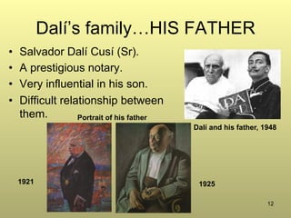 12
Dalí’s family…HIS FATHER
•  Salvador Dalí Cusí (Sr).
•  A prestigious notary.
•  Very influential in his son.
•  Difficult relationship between
them.
1925
Dalí and his father, 1948
Portrait of his father
1921
 