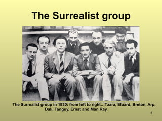 5
The Surrealist group
The Surrealist group in 1930: from left to right…Tzara, Eluard, Breton, Arp,
Dalí, Tanguy, Ernst and Man Ray
 