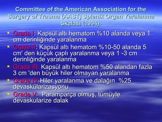 Committee of the American Association for the
Surgery of Trauma (AAST) Splenik Organ Yaralanma
                  Skalası (1994).
 Grade I: Kapsül altı hematom %10 alanda veya 1
  cm derinliğinde yaralanma
 Grade II: Kapsül altı hematom %10-50 alanda 5
  cm' den küçük çaplı yaralanma veya 1 -3 cm
  derinliğinde yaralanma
 Grade III: Kapsül altı hematom %50 alandan fazla
  3 cm 'den büyük hiler olmayan yaralanma
 Grade IV:Hiler yaralanma ve dalağın %25
  devaskülarizasyonu
 Grade V: Paramparça olmuş, tümüyle
  devaskularize dalak
 