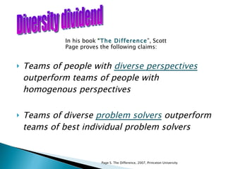 Teams of people with  diverse perspectives   outperform teams of people with homogenous perspectives Teams of diverse  problem solvers   outperform teams of best individual problem solvers Page S. The Difference, 2007, Princeton University  Diversity dividend In his book  “ The Difference ”, Scott Page proves the following claims: 