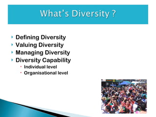 Defining Diversity Valuing Diversity Managing Diversity Diversity Capability Individual level Organisational level 