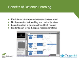 Benefits of Distance Learning
Flexible about when much content is consumed.
No time wasted in travelling to a central location
Less disruption to business than block release
Students can revise & repeat recorded material
 