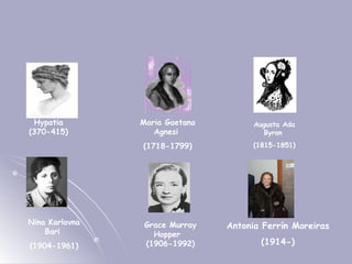 Hypatia (370-415) Maria Gaetana Agnesi  (1718-1799) Augusta Ada Byron  (1815-1851) Nina Karlovna Bari  (1904-1961) Grace Murray Hopper  (1906-1992) Antonia Ferrín Moreiras (1914-) 