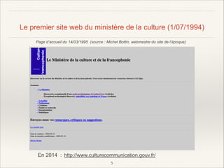 Le premier site web du ministère de la culture (1/07/1994)
Page d’accueil du 14/03/1995 (source : Michel Bottin, webmestre du site de l’époque)

En 2014 : http://www.culturecommunication.gouv.fr/
!5

 