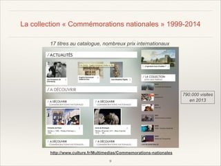 La collection « Commémorations nationales » 1999-2014
17 titres au catalogue, nombreux prix internationaux

790.000 visites
en 2013

http://www.culture.fr/Multimedias/Commemorations-nationales
!9

 