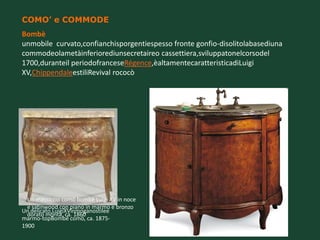 COMO’ e COMMODE
Bombè
unmobile curvato,confianchisporgentiespesso fronte gonfio-disolitolabasediuna
commodeolametàinferiorediunsecretaireo cassettiera,sviluppatonelcorsodel
1700,duranteil periodofranceseRégence,èaltamentecaratteristicadiLuigi
XV,ChippendaleestiliRevival rococò




  Un massiccio comò bombè Luigi XV in noce
  e satinwood con piano in marmo e bronzo
Un delicato,LuigiXVinmoganostilee
  dorato monta, ca. 1860
marmo-topBombé comò, ca. 1875-
1900
 