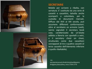 SECRETARIE
Mobile per scrivere a ribalta, con
serratura. E' costituito da una serie di
cassetti e cassettini, talvolta anche
scomparti a colombaia, per la
custodia di documenti riservati.
Diffuso dal XVII al XIX secolo, può
assumere differenti conformazioni:
oltre al secrètaire en armoire (vedi),
vanno segnalati il secretary book
case, caratterizzato da un'alzata
adibita a libreria con sportelli a vetri,
e il secretary chest on chest,
strutturato come due cassettoni
sovrapposti di tre e quattro cassetti (il
terzo cassetto dell'elemento inferiore
è quello ribaltabile).



  Un
 secretarierococò,HindrichsJohanMaestro
 Artigiano,Stoccolma, circa 1754-1773
 