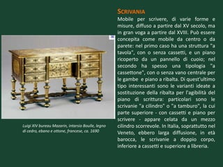 SCRIVANIA
                                                   Mobile per scrivere, di varie forme e
                                                   misure, diffuso a partire dal XV secolo, ma
                                                   in gran voga a partire dal XVIII. Può essere
                                                   concepita come mobile da centro o da
                                                   parete: nel primo caso ha una struttura "a
                                                   tavola", con o senza cassetti, e un piano
                                                   ricoperto da un pannello di cuoio; nel
                                                   secondo ha spesso una tipologia "a
                                                   cassettone", con o senza vano centrale per
                                                   le gambe e piano a ribalta. Di quest'ultimo
                                                   tipo interessanti sono le varianti ideate a
                                                   sostituzione della ribalta per l'agibilità del
                                                   piano di scrittura: particolari sono le
                                                   scrivanie "a cilindro" o "a tamburo", la cui
                                                   parte superiore - con cassetti e piano per
                                                   scrivere - appare celata da un mezzo
Luigi XIV bureau Mazarin, intarsio Boulle, legno   cilindro scorrevole. In Italia, soprattutto nel
di cedro, ebano e ottone, francese, ca. 1690       Veneto, ebbero larga diffusione, in età
                                                   barocca, le scrivanie a doppio corpo,
                                                   inferiore a cassetti e superiore a libreria.
 