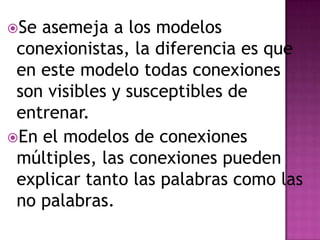 Se asemeja a los modelos conexionistas, la diferencia es que en este modelo todas conexiones son visibles y susceptibles de entrenar.En el modelos de conexiones múltiples, las conexiones pueden explicar tanto las palabras como las no palabras.
