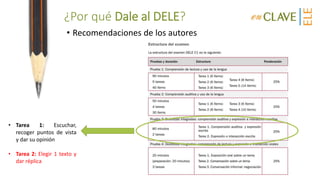 ¿Por qué Dale al DELE?
• Recomendaciones de los autores
• Tarea 1: Escuchar,
recoger puntos de vista
y dar su opinión
• Tarea 2: Elegir 1 texto y
dar réplica
 