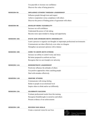 Use pep talks to increase our confidence
              Discover the value of being proactive

SESSION 9A    INFLUENCE OTHERS THROUGH LEADERSHIP

              Influence people through trust and respect
              Achieve cooperation versus compliance with others
              Discover the power of finding points of agreement with others

SESSION 9B    DEVELOP MORE FLEXIBILITY

              Increase our self-confidence
              Understand the power of risk taking
              Become more open-minded to change and opportunity

SESSION 10A   STATE OUR OPINION WITH CREDIBILITY

              Learn a process to organize our thoughts in impromptu professional environments
              Communicate our ideas effectively even when we disagree
              Strengthen our personal opinions with evidence

SESSION 10B   COME TO GRIPS WITH STRESS

              Increase our ability to control worry and stress
              Be better prepared to confront our fears
              Recognize that we can triumph over adversity

SESSION 11A   DEMONSTRATE LEADERSHIP

              Positively influence the attitudes of others
              Use positive approaches when coaching people
              Deal with mistakes effectively

SESSION 11B   INSPIRE OTHERS

              Communicate with strong feeling
              Relate to people on an emotional level
              Inspire others to think and/or act differently

SESSION 12A   CELEBRATE SUCCESS

              Evaluate professional results from this training
              Recognize breakthroughs in ourselves and others
              Present evidence of our achievements



SESSION 12B   REVIEW OUR GOALS

              Create a renewed vision for our lives
 