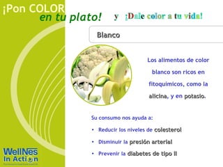 ¡Pon COLOR
      en tu plato!
                  Blanco


                                     Los alimentos de color

                                       blanco son ricos en

                                      fitoquímicos, como la

                                      alicina, y en potasio.
                                      alicina       potasio


                Su consumo nos ayuda a:

                • Reducir los niveles de colesterol

                • Disminuir la presión arterial

                • Prevenir la diabetes de tipo II
 