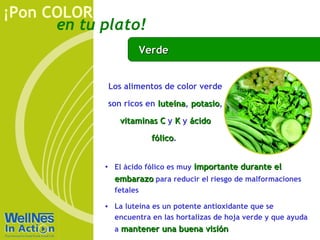 ¡Pon COLOR
      en tu plato!
                        Verde


             Los alimentos de color verde

             son ricos en luteína, potasio,
                          luteína potasio
                vitaminas C y K y ácido

                          fólico.
                          fólico


            • El ácido fólico es muy importante durante el
              embarazo para reducir el riesgo de malformaciones
              fetales

            • La luteína es un potente antioxidante que se
              encuentra en las hortalizas de hoja verde y que ayuda
              a mantener una buena visión
 