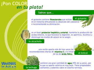 ¡Pon COLOR
      en tu plato!
                       Sabías que...

               el guisante contiene fitoesteroles que actúan      el guisante
               en el intestino dificultando la absorción del colesterol
               e incrementando su eliminación.



               es un buen protector hepático y arterial. Aumenta la producción de
                                                  arterial
               ácidos biliares, lo que favorece la digestión, es aperitiva, diurética y
               disminuye los niveles de azúcar en la sangre.

            la alcachofa


                      una ración aporta más de tres veces las
             recomendaciones diarias de vitamina C y la mitad
                                      de las de ácido fólico.
                                                      fólico
                                                                      el brécol



                         contiene una gran cantidad de agua (95% de su peso), por
                         lo que su aporte calórico es muy bajo. Tiene propiedades
          la lechuga     calmantes y sedantes sobre el sistema nervioso.
 