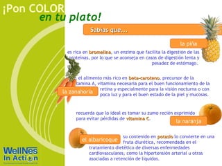¡Pon COLOR
      en tu plato!
                       Sabías que...

                                                                  la piña
            es rica en bromelina, un enzima que facilita la digestión de las
                       bromelina
             proteínas, por lo que se aconseja en casos de digestión lenta y
                                                     pesadez de estómago.


              es el alimento más rico en beta-caroteno, precursor de la
                                         beta-caroteno
              vitamina A, vitamina necesaria para el buen funcionamiento de la
                           retina y especialmente para la visión nocturna o con
          la zanahoria poca luz y para el buen estado de la piel y mucosas.


                recuerda que lo ideal es tomar su zumo recién exprimido
                para evitar pérdidas de vitamina C.
                                                 C
                                                                la naranja

                                       su contenido en potasio lo convierte en una
                   el albaricoque fruta diurética, recomendada en el
                      tratamiento dietético de diversas enfermedades
                      cardiovasculares, como la hipertensión arterial u otras
                      asociadas a retención de líquidos.
 