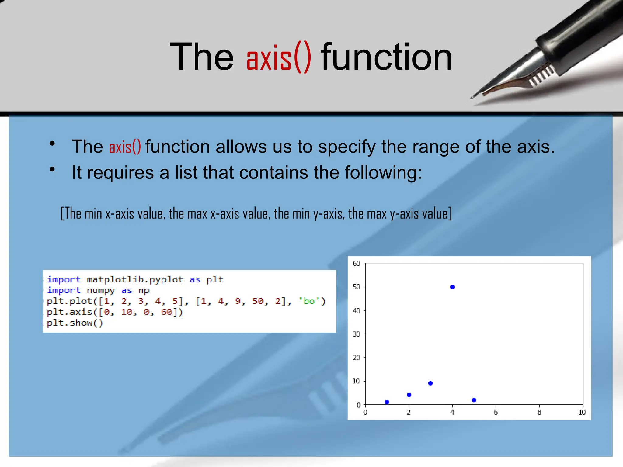 The axis() function
• The axis() function allows us to specify the range of the axis.
• It requires a list that contains the following:
[The min x-axis value, the max x-axis value, the min y-axis, the max y-axis value]
 