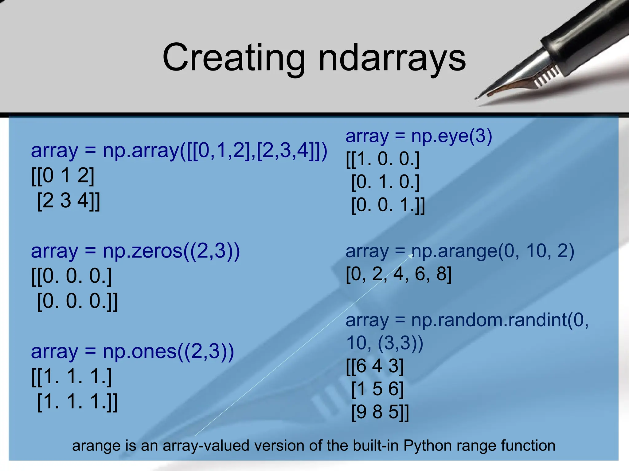 array = np.array([[0,1,2],[2,3,4]])
[[0 1 2]
[2 3 4]]
array = np.zeros((2,3))
[[0. 0. 0.]
[0. 0. 0.]]
array = np.ones((2,3))
[[1. 1. 1.]
[1. 1. 1.]]
array = np.eye(3)
[[1. 0. 0.]
[0. 1. 0.]
[0. 0. 1.]]
array = np.arange(0, 10, 2)
[0, 2, 4, 6, 8]
array = np.random.randint(0,
10, (3,3))
[[6 4 3]
[1 5 6]
[9 8 5]]
Creating ndarrays
arange is an array-valued version of the built-in Python range function
 