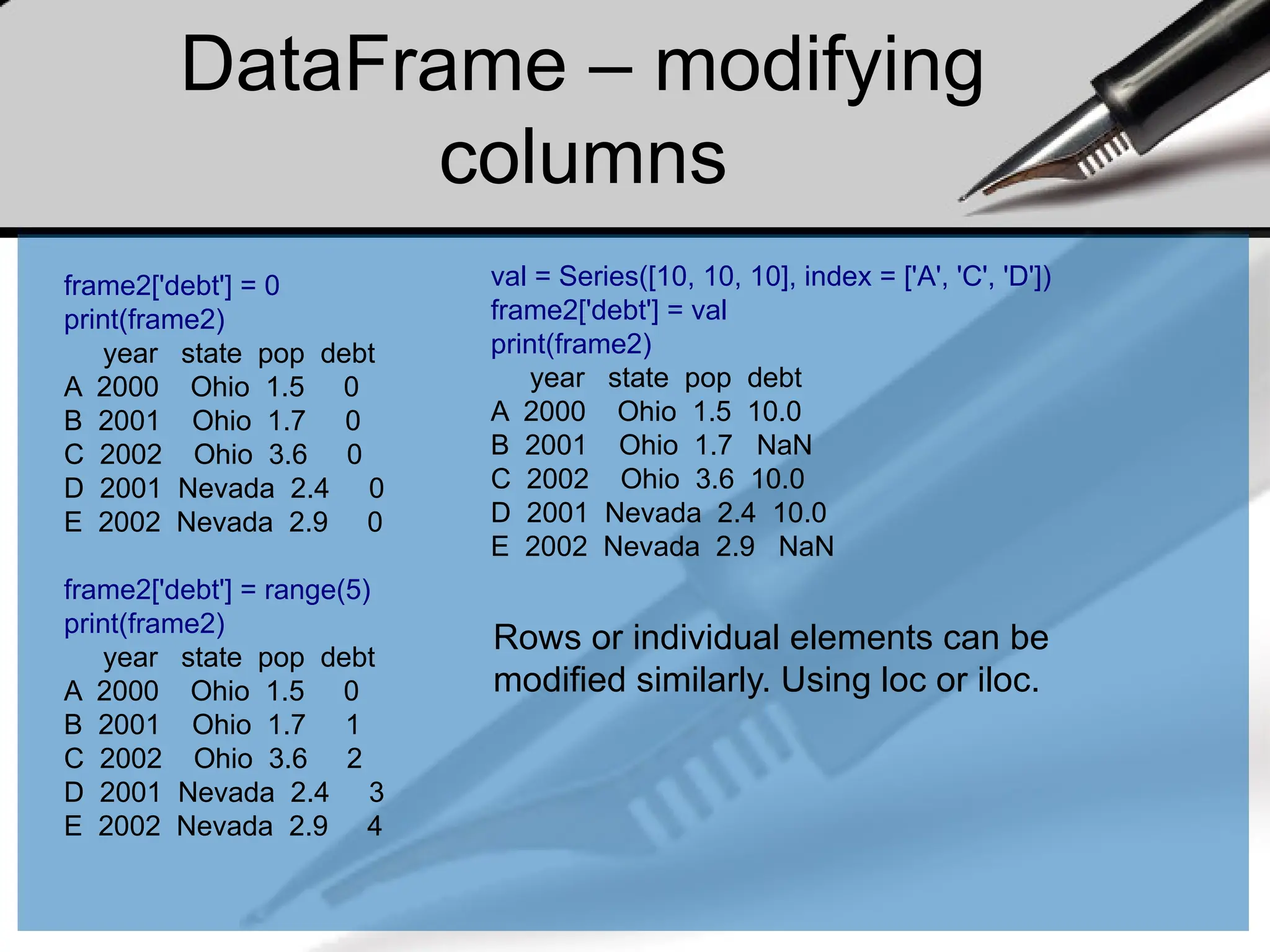 DataFrame – modifying
columns
frame2['debt'] = 0
print(frame2)
year state pop debt
A 2000 Ohio 1.5 0
B 2001 Ohio 1.7 0
C 2002 Ohio 3.6 0
D 2001 Nevada 2.4 0
E 2002 Nevada 2.9 0
frame2['debt'] = range(5)
print(frame2)
year state pop debt
A 2000 Ohio 1.5 0
B 2001 Ohio 1.7 1
C 2002 Ohio 3.6 2
D 2001 Nevada 2.4 3
E 2002 Nevada 2.9 4
val = Series([10, 10, 10], index = ['A', 'C', 'D'])
frame2['debt'] = val
print(frame2)
year state pop debt
A 2000 Ohio 1.5 10.0
B 2001 Ohio 1.7 NaN
C 2002 Ohio 3.6 10.0
D 2001 Nevada 2.4 10.0
E 2002 Nevada 2.9 NaN
Rows or individual elements can be
modified similarly. Using loc or iloc.
 